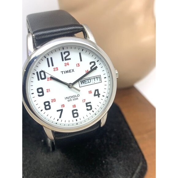 Timex Mens Watch T2N091 Indiglo White Dial Quartz Silver Case Black Leather Band - Picture 13 of 14
